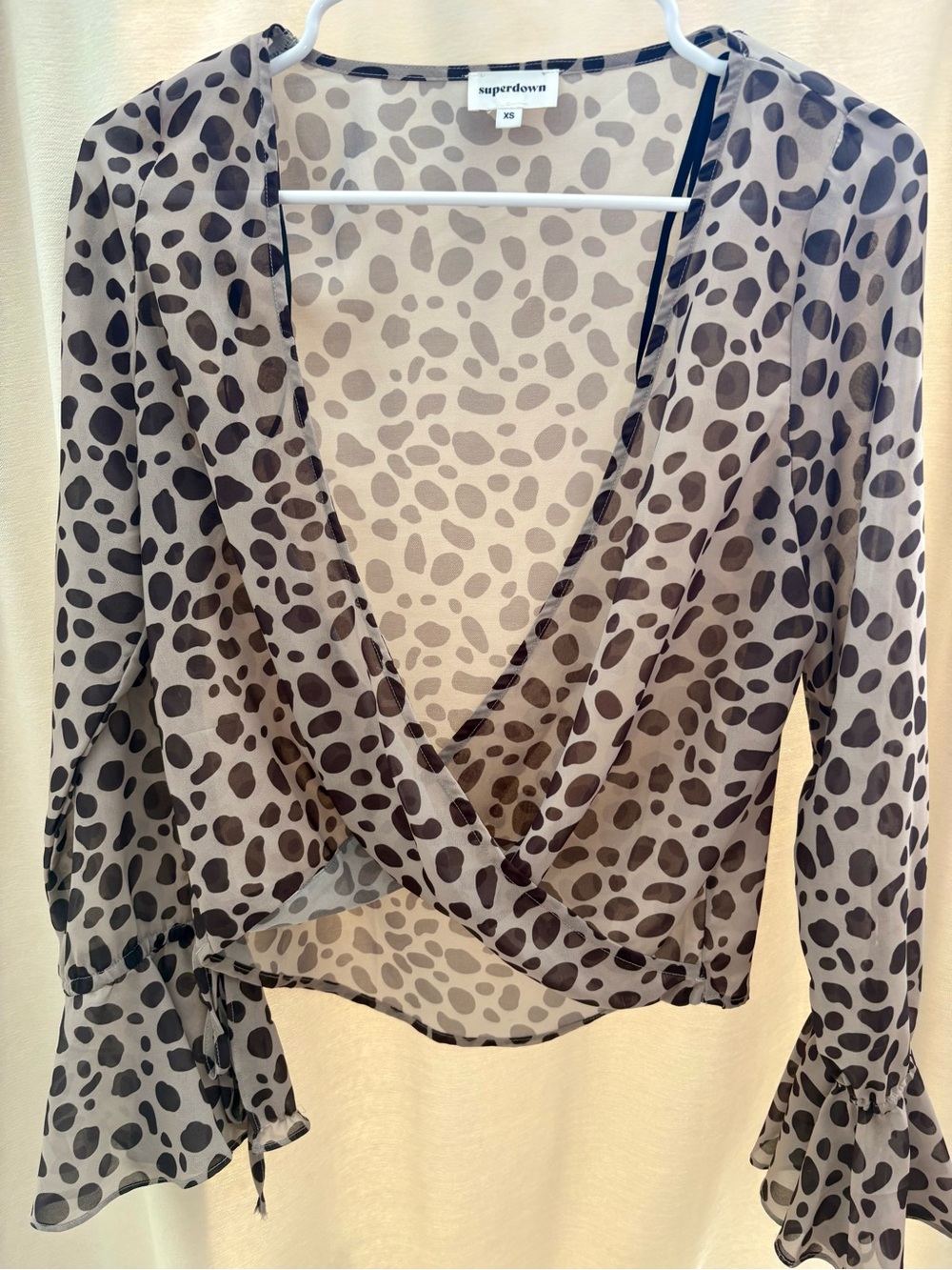 superdown Taupe and Black Spotted Wrap Top